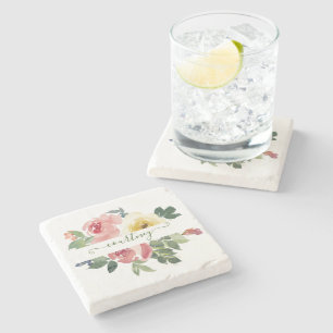 Posavasos De Piedra Floral personalizado de acuarela rosa y amarillo  