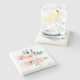 Posavasos De Piedra Floral personalizado de acuarela rosa y naranja  