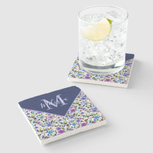 Posavasos De Piedra Floral personalizado morado y azul  