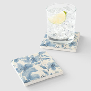 Posavasos De Piedra Floral Pintado Botánico Caprichoso Acuarela Azul