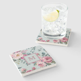 Posavasos De Piedra Floral Rosa Polvorienta Grandmillennial Monograma 