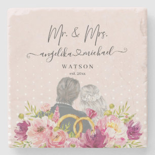 Posavasos De Piedra Floral Rubor Peonies Trendy Script Mr. y Mrs.