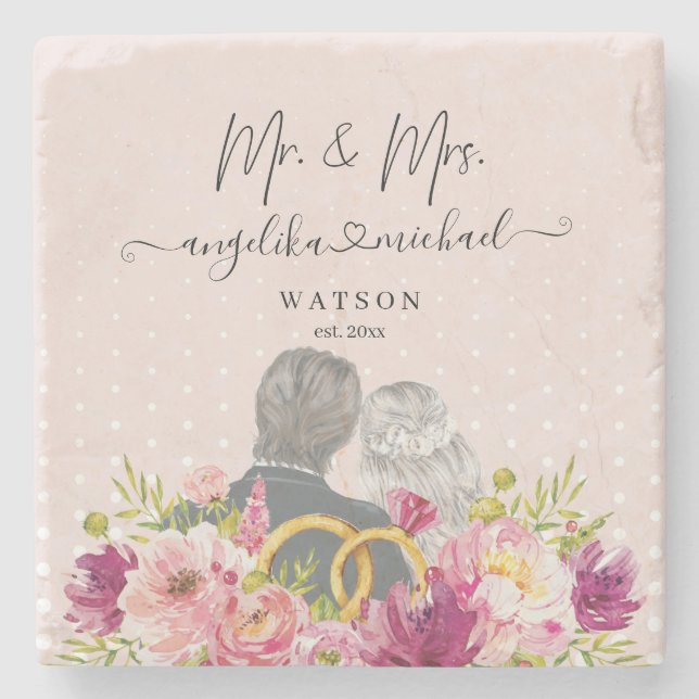 Posavasos De Piedra Floral Rubor Peonies Trendy Script Mr. y Mrs. (Anverso)