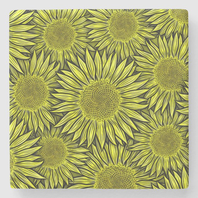 Posavasos De Piedra Floral Rústico Amarillo Giro mano de girasol (Anverso)