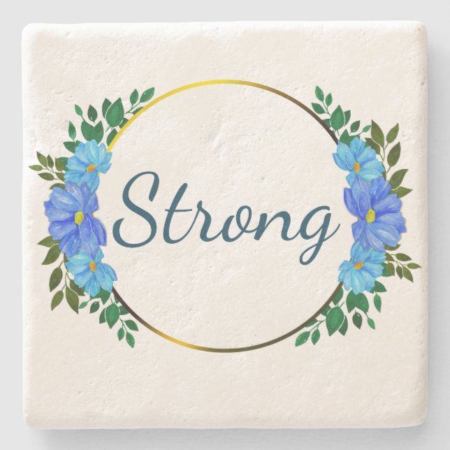Posavasos De Piedra Floral Strong Blue texto Simple Alentamiento (Anverso)