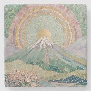 Posavasos De Piedra Florecimiento Etéreo: Volcán de Mosaico Pastel en