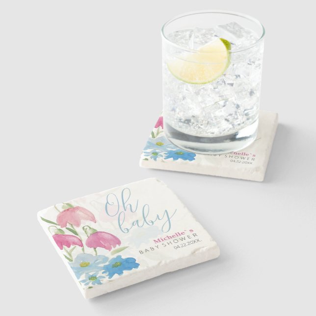 Posavasos De Piedra Flores Acuáticas De Primavera Azul Y Rosa (Lateral)