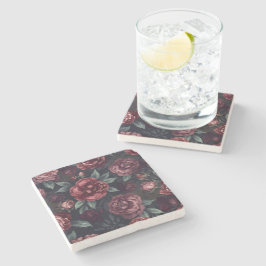 Posavasos De Piedra Flores Anímicas Patrón Acuarela Rojo Oscuro