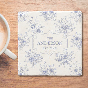 Posavasos De Piedra Flores Azules Clásicas con Patrón Floral Monograma