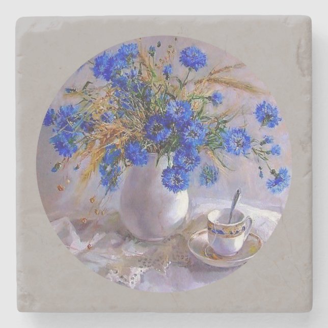 Posavasos De Piedra Flores azules en una bolsa (Anverso)