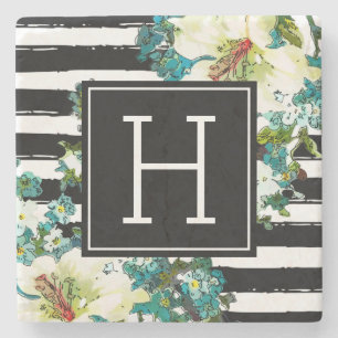 Posavasos De Piedra Flores azules y blancas elegantes con monograma