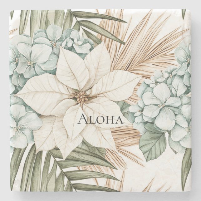 Posavasos De Piedra Flores Blancas Azules Tropicales   (Anverso)