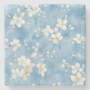 Posavasos De Piedra Flores Blancas Bonitas Azul Cielo