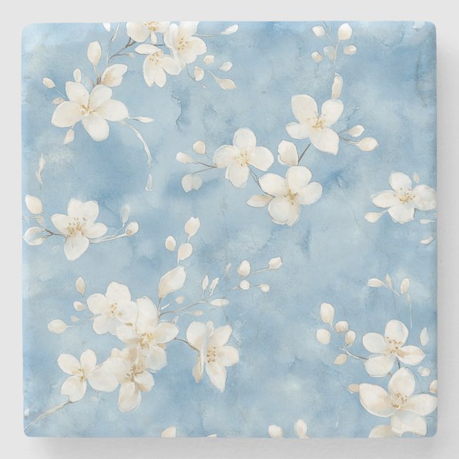 Posavasos De Piedra Flores Blancas Bonitas Azul Cielo (Anverso)