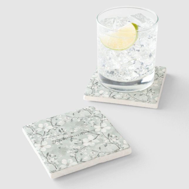 Posavasos De Piedra Flores blancas grises de moda (Lateral)