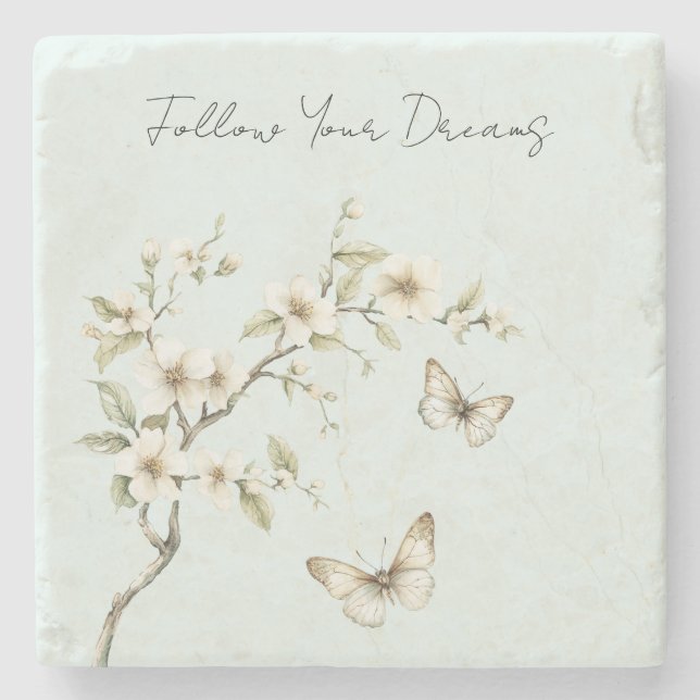 Posavasos De Piedra Flores Blancas Menta Mariposas   (Anverso)