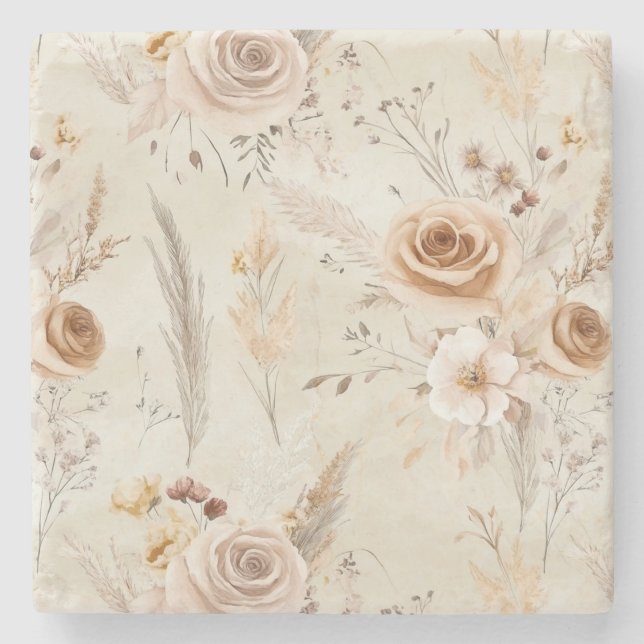 Posavasos De Piedra Flores Boho Crema Rústicas (Anverso)