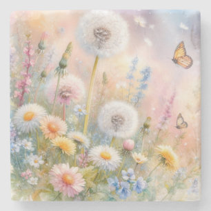 Posavasos De Piedra Flores coloridas en tonos pastel suaves acuarela