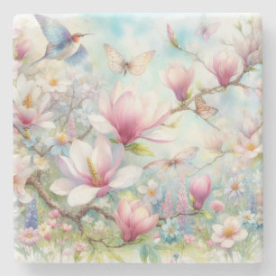 Posavasos De Piedra Flores coloridas en tonos pastel suaves acuarela