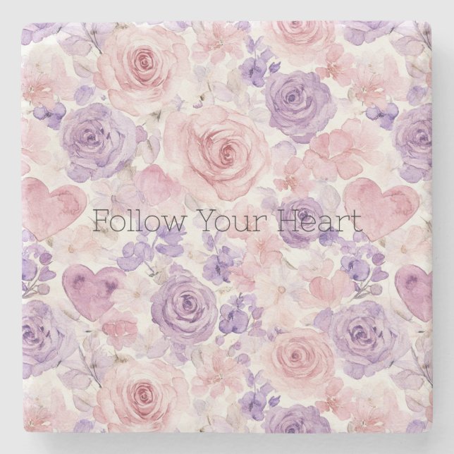 Posavasos De Piedra Flores Corazones Morados Rosas (Anverso)