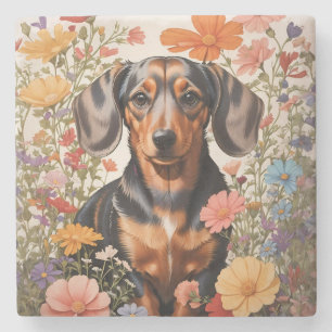 Posavasos De Piedra Flores Cute Brown Dachshund Y Cosmos