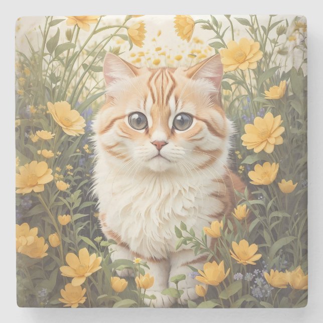 Posavasos De Piedra Flores Cute Munchkin Cat Y Buttercup (Anverso)