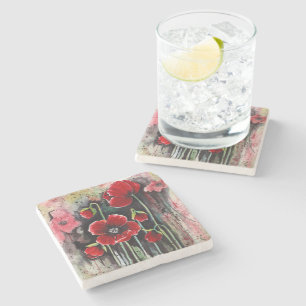 Posavasos De Piedra Flores De Adormidera Roja En Acuarela