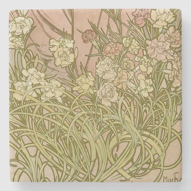 Posavasos De Piedra Flores de clavel floral Art Nouveau Alfonse Mucha (Anverso)