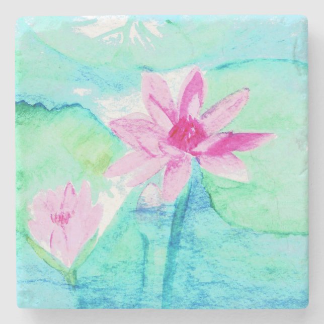 Posavasos De Piedra Flores de Loto Rosa Pastel Acuarela (Anverso)