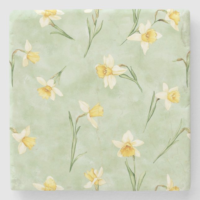 Posavasos De Piedra Flores de narciso amarillas verde menta (Anverso)