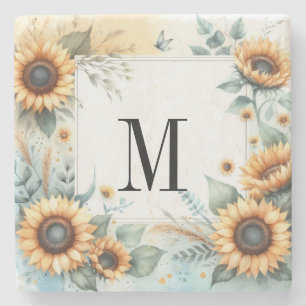 Posavasos De Piedra Flores de otoño y girasoles color de agua