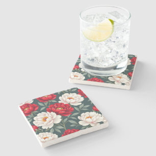 Posavasos De Piedra Flores de peonía rojas y blancas