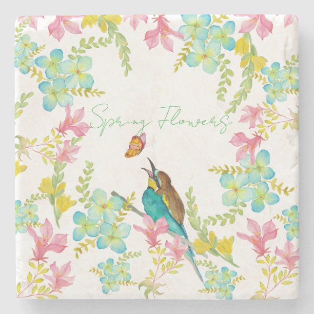 Posavasos De Piedra Flores de primavera acuarela (Anverso)