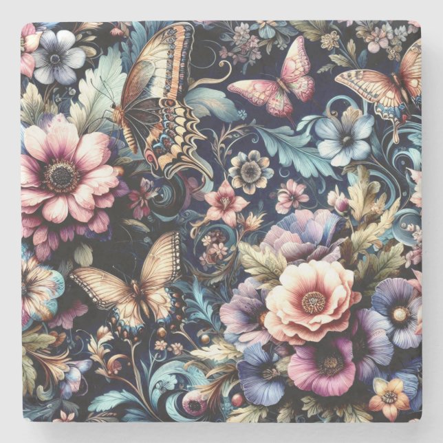 Posavasos De Piedra Flores de primavera y mariposas antiguas (Anverso)