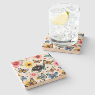 Posavasos De Piedra Flores de verano acuarela mariposas monogramadas