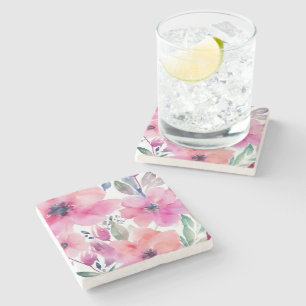 Posavasos De Piedra Flores en Flor Flores Rosadas Pintadas con Acuar