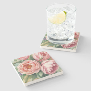 Posavasos De Piedra Flores grandes rosadas vintage