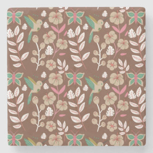 Posavasos De Piedra Flores, hojas, mariposa sin costura floral
