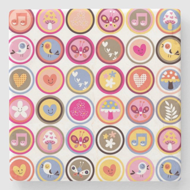 Posavasos De Piedra flores lindas, pájaros, modelo de los corazones (Anverso)