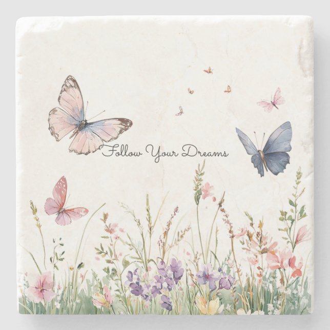 Posavasos De Piedra Flores Mariposas Moradas Rosadas Rojas   (Anverso)