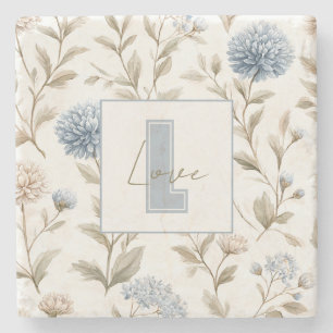 Posavasos De Piedra Flores Monograma Inicial Azul Marrón Crema Amor