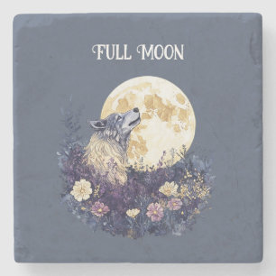 Posavasos De Piedra Flores Moradas Lobo Luna Llena