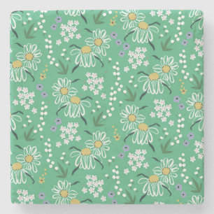 Posavasos De Piedra Flores Retro, Patrón Botánico Sin Costuras.