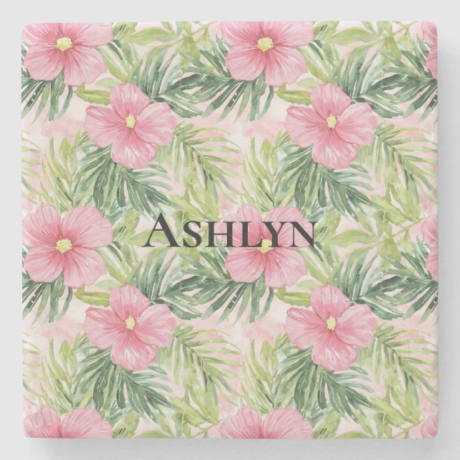 Posavasos De Piedra Flores rosa tropical (Anverso)