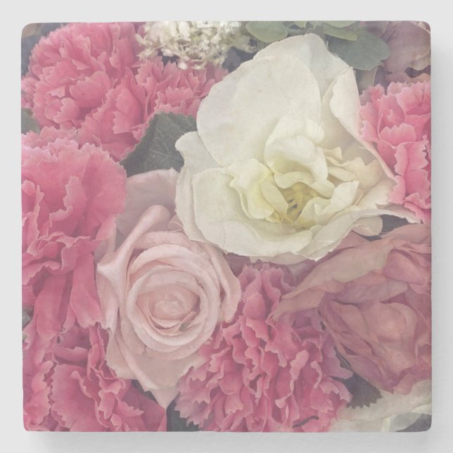 Posavasos De Piedra Flores rosa y crema (Anverso)