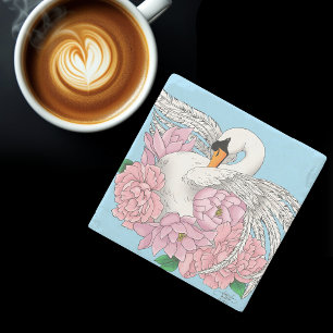 Posavasos De Piedra Flores rosadas de cisne blanco