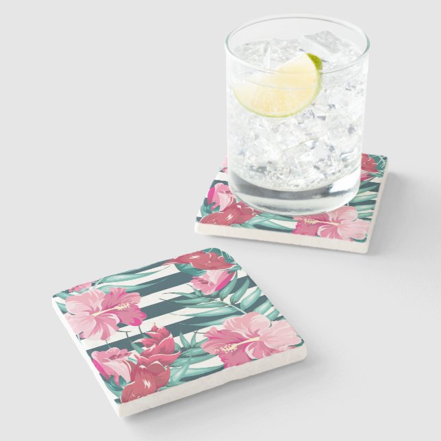Posavasos De Piedra Flores rosadas exóticas a rayas (Lateral)