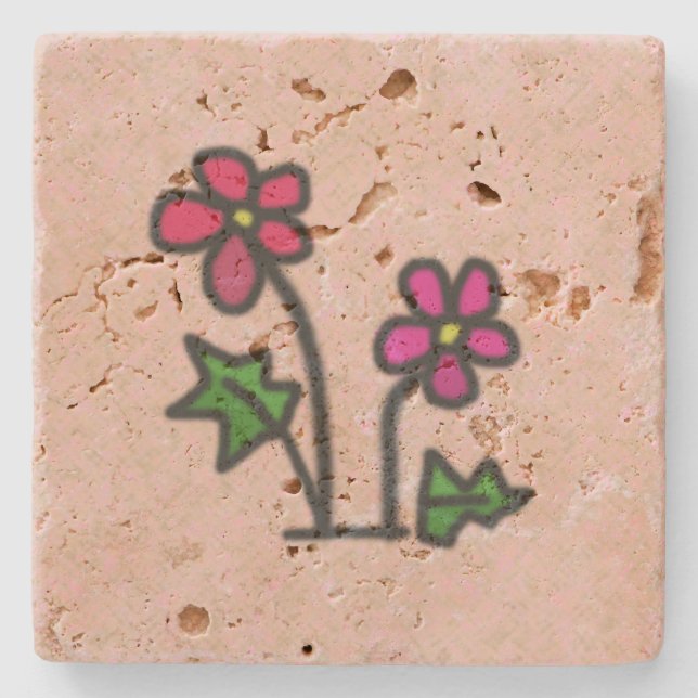 Posavasos De Piedra Flores rosas dulces dibujadas (Anverso)