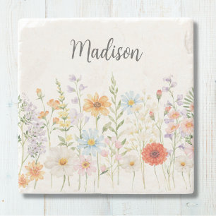 Posavasos De Piedra Flores Silvestres Florales Botánicas Acuarela Mono