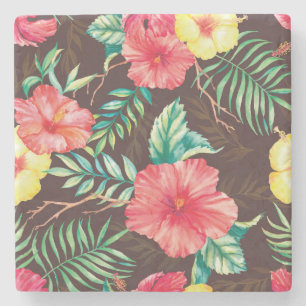 Posavasos De Piedra Flores tropicales coloridas fondo oscuro